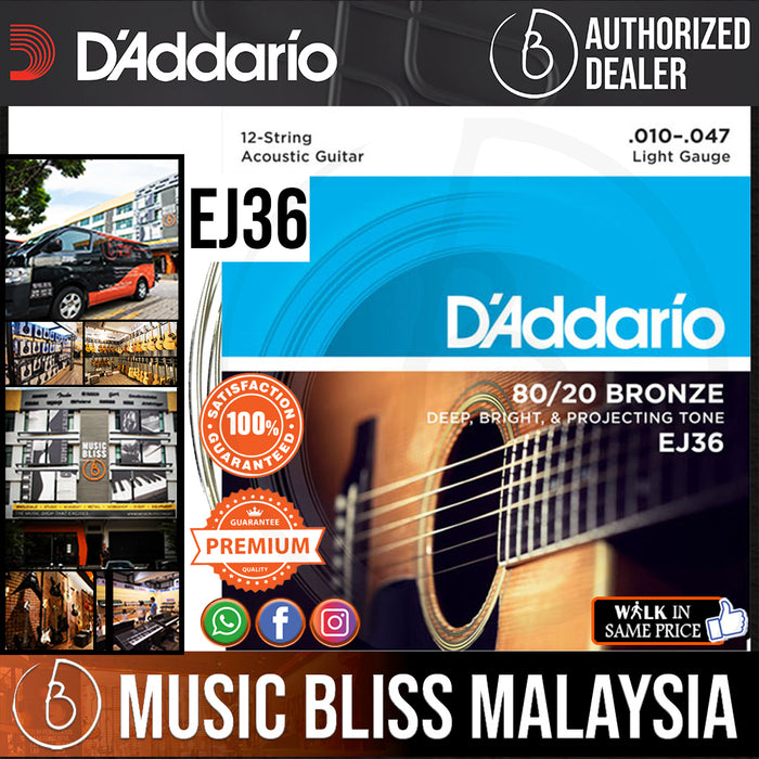 D’Addario EJ36 80/20 Bronze 12-String Acoustic Guitar Strings -.010-.047 Light - Music Bliss Malaysia