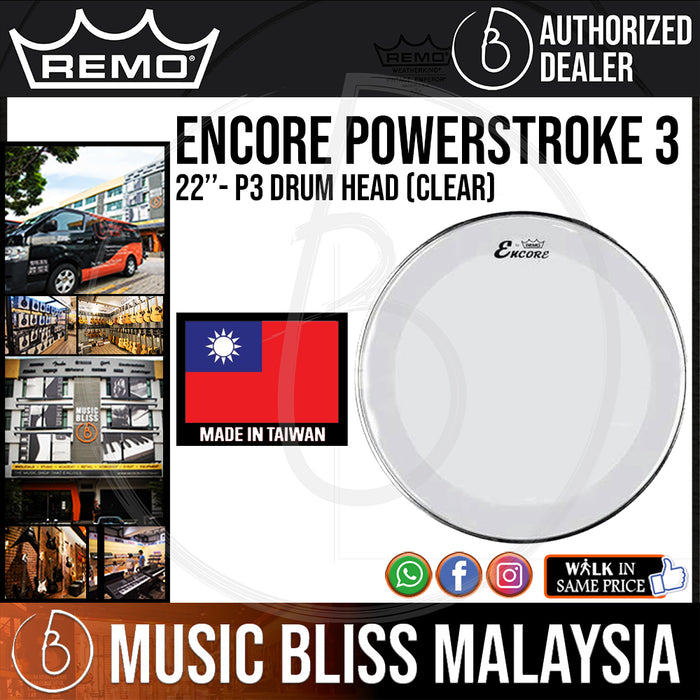 Remo Encore Powerstroke 3 P3 Drum Head - 22'' - Clear (EN-1322-P3 EN1322P3 EN 1322 P3) - Music Bliss Malaysia