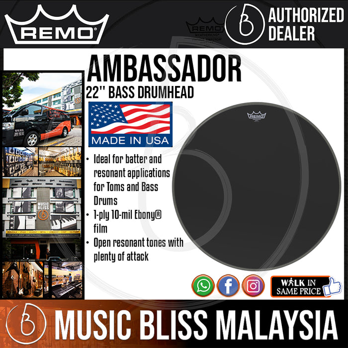 Remo Ambassador Bass Drumhead - 22" - Ebony (ES-1022-00 ES102200 ES 1022 00) - Music Bliss Malaysia
