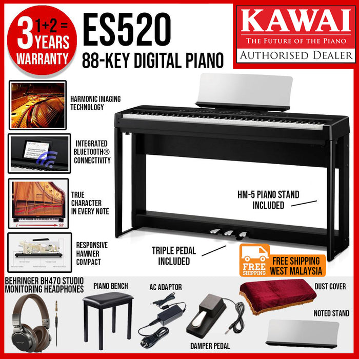 Kawai ES-520 Portable Digital Home Piano - Black - Music Bliss Malaysia