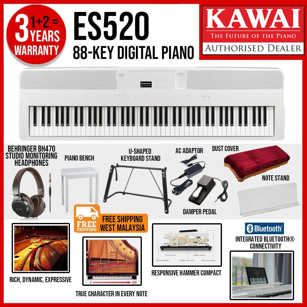 Kawai ES-520 Portable Digital Piano - White (ES520 / ES 520) | Music ...