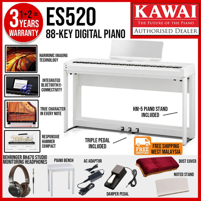 Kawai ES-520 Portable Digital Home Piano - White - Music Bliss Malaysia