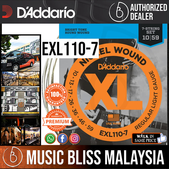 D'Addario EXL110-7 Nickel Wound Electric Strings -.010-.059 7-string Regular Light - Music Bliss Malaysia