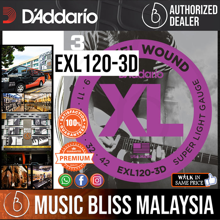 D'Addario EXL120-3D Nickel Wound Electric Strings -.009-.042 Super Light 3-Pack - Music Bliss Malaysia