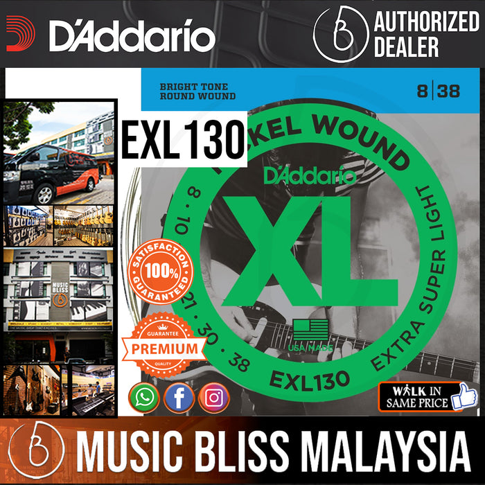 D'Addario EXL130 Nickel Wound Electric Strings -.008-.038 Extra Super Light - Music Bliss Malaysia