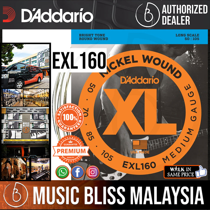D'Addario EXL160 Medium Nickel Wound Long Scale Bass Strings - .050-.105 - Music Bliss Malaysia