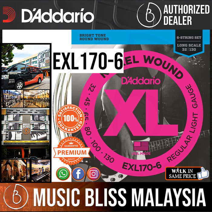 D'Addario EXL170-6 Regular Light Nickel Wound 6-string Long Scale Bass Strings - .032-.130 - Music Bliss Malaysia