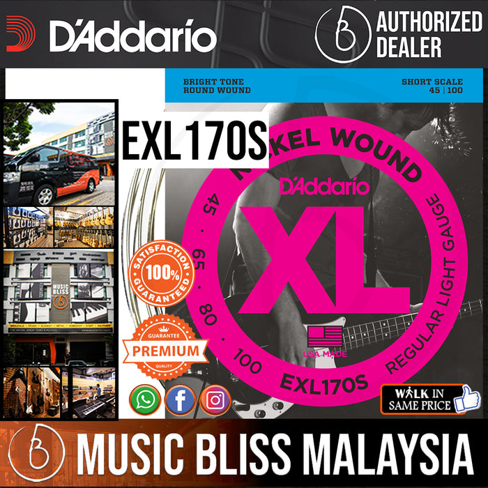 D'Addario EXL170S Regular Light Nickel Wound Short Scale Bass Strings - .045-.100 - Music Bliss Malaysia