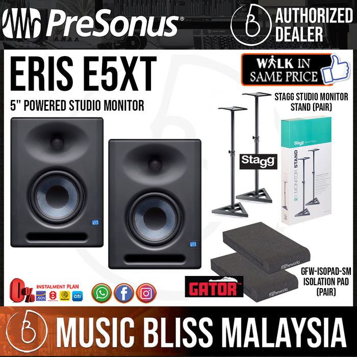 PreSonus Eris E5 XT 5" Powered Studio Monitor with Stagg Studio Monitor Stands and Gator Isolation Pads - Pair *Crazy Sales Promotion* - Music Bliss Malaysia