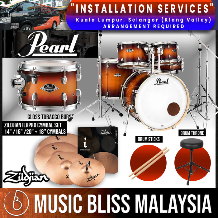 Pearl Export Lacquer EXL 5-piece Drum Set with Hardware, Drumstick and Throne - 22" Kick - Gloss Tobacco Burst - Music Bliss Malaysia