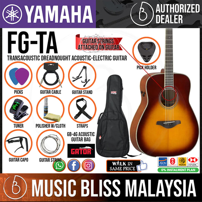 Yamaha FG-TA TransAcoustic Dreadnought Acoustic-Electric Guitar w/FREE Gator GB-4G Acoustic Guitar Bag - Brown Sunburst - Music Bliss Malaysia