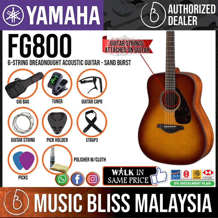 Yamaha FG800 Dreadnought Acoustic Guitar - Sand Burst - Music Bliss Malaysia