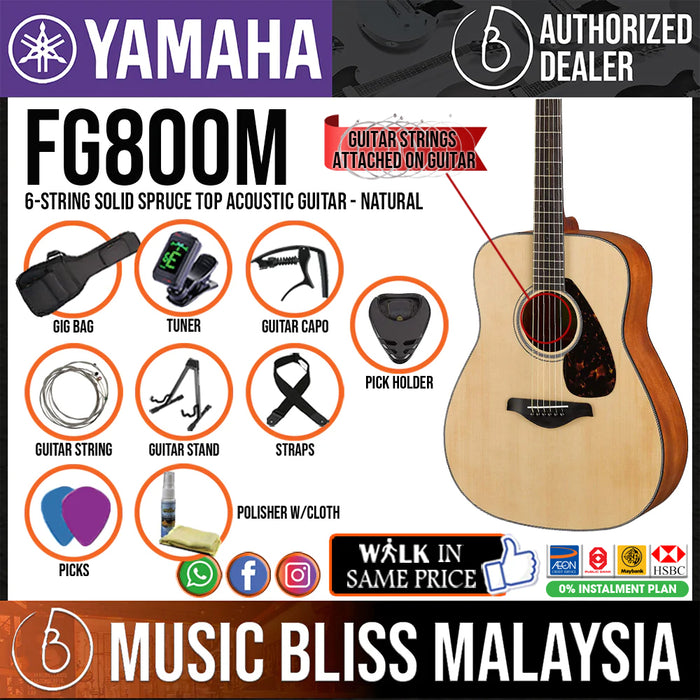 Yamaha FG800M Solid Spruce Top Acoustic Guitar Package - Natural - Music Bliss Malaysia