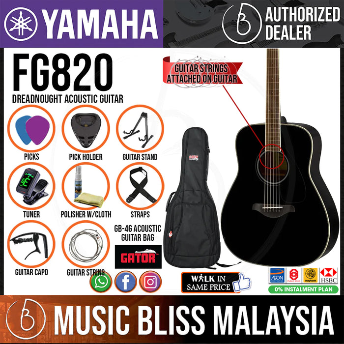 Yamaha FG820 Dreadnought Acoustic Guitar w/FREE Gator GB-4G Acoustic Guitar Bag - Black - Music Bliss Malaysia