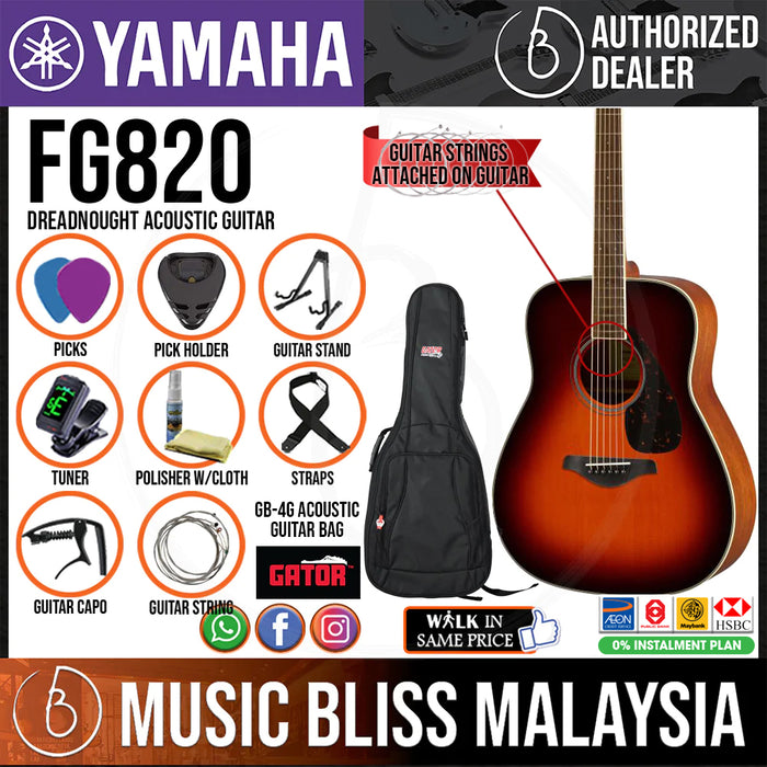 Yamaha FG820 Dreadnought Acoustic Guitar w/FREE Gator GB-4G Acoustic Guitar Bag - Brown Sunburst - Music Bliss Malaysia