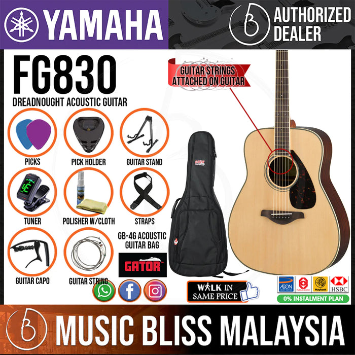 Yamaha FG830 Dreadnought Acoustic Guitar w/FREE Gator GB-4G Acoustic Guitar Bag - Natural - Music Bliss Malaysia