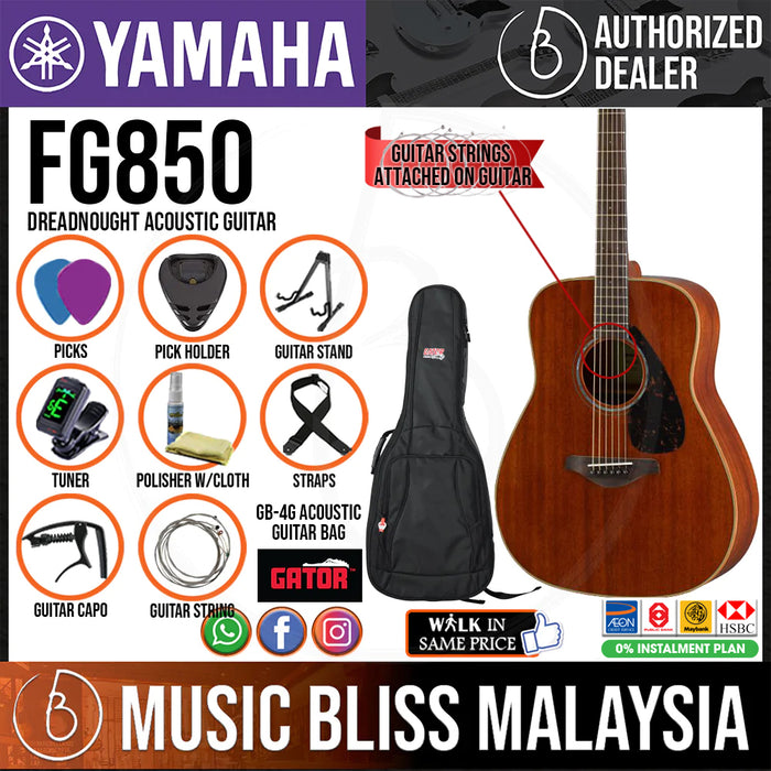 Yamaha FG850 Dreadnought Acoustic Guitar w/FREE Gator GB-4G Acoustic Guitar Bag - Natural - Music Bliss Malaysia