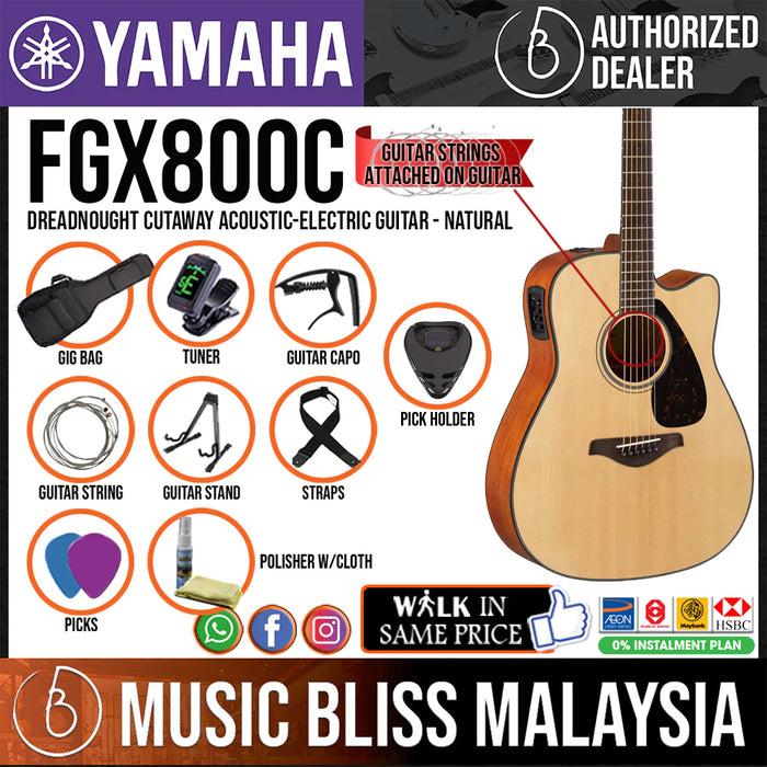 Yamaha FGX800C Dreadnought Cutaway Acoustic-Electric Guitar Package - Natural - Music Bliss Malaysia