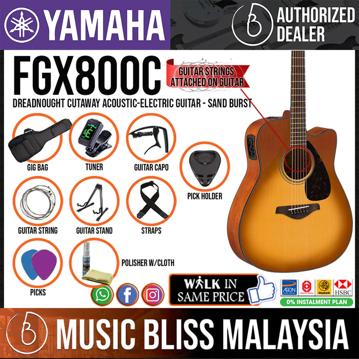 Yamaha FGX800C Dreadnought Cutaway Acoustic-Electric Guitar Package - Sand Burst - Music Bliss Malaysia