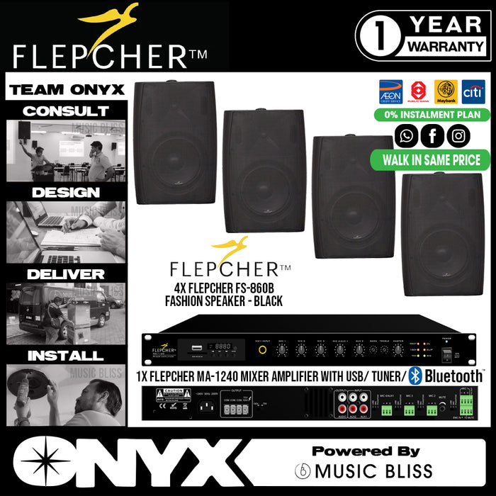 Background Music PA System Flepcher MA-1240 Mixer Amplifier with USB, Bluetooth with Flepcher FS-860B Fashion Speakers - Music Bliss Malaysia