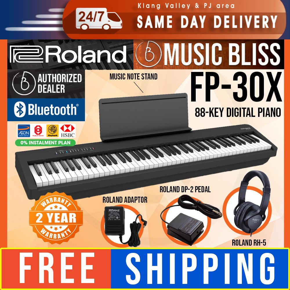 Roland FP-30X 88-key Digital Piano with RH-5 Headphone and DP-2 Pedal -  Black