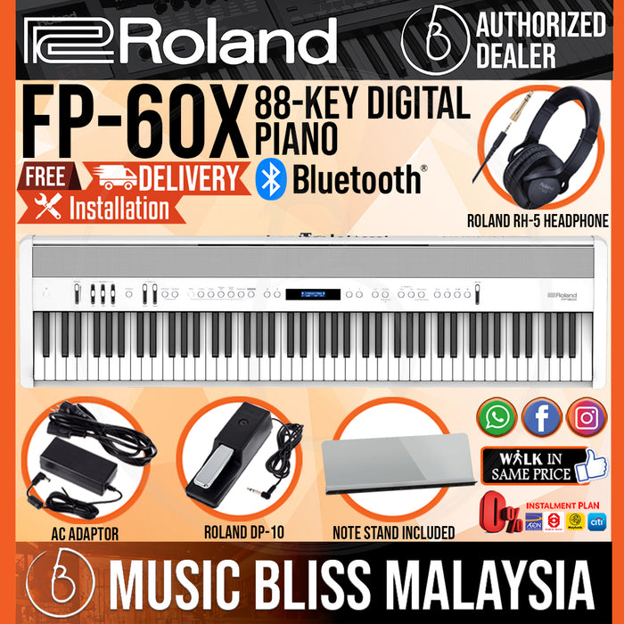Roland FP-60X 88-key Digital Piano Musician Package with RH-5 Headphone and DP-10 Pedal - White (FP60X / FP 60X) - Music Bliss Malaysia