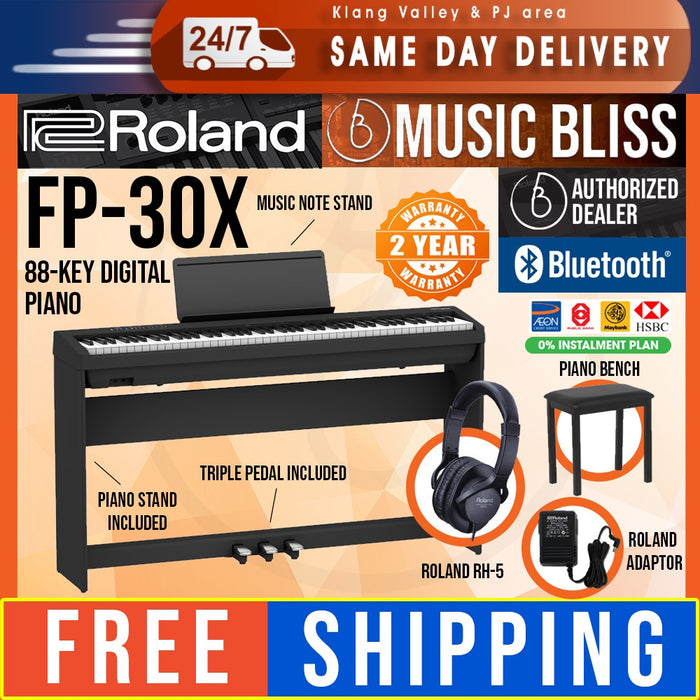 Roland FP-30X 88-key Digital Piano Home Package with RH-5 Headphone and Piano Bench - Black Replace For FP-30/FP30 - Music Bliss Malaysia