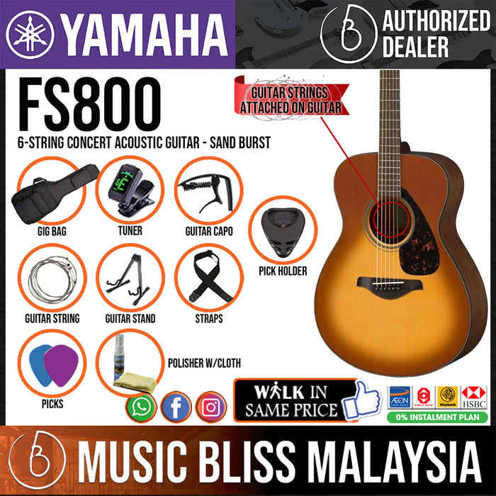 Yamaha FS800 Solid Spruce Top Folk Acoustic Guitar - Sand Burst - Music Bliss Malaysia