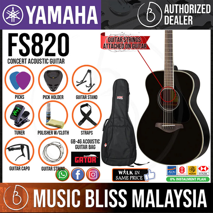 Yamaha FS820 Concert Acoustic Guitar w/FREE Gator GB-4G Acoustic Guitar Bag - Black - Music Bliss Malaysia