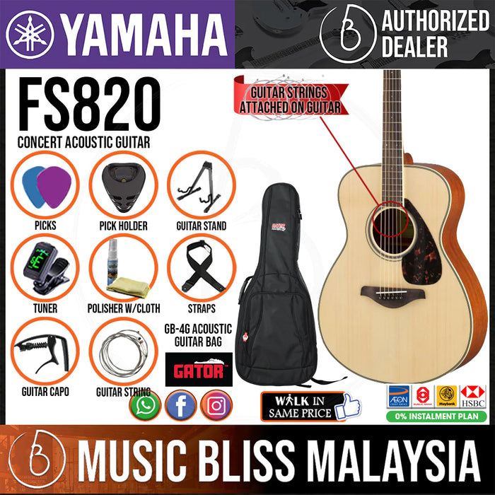 Yamaha FS820 Concert Acoustic Guitar w/FREE Gator GB-4G Acoustic Guitar Bag - Natural - Music Bliss Malaysia