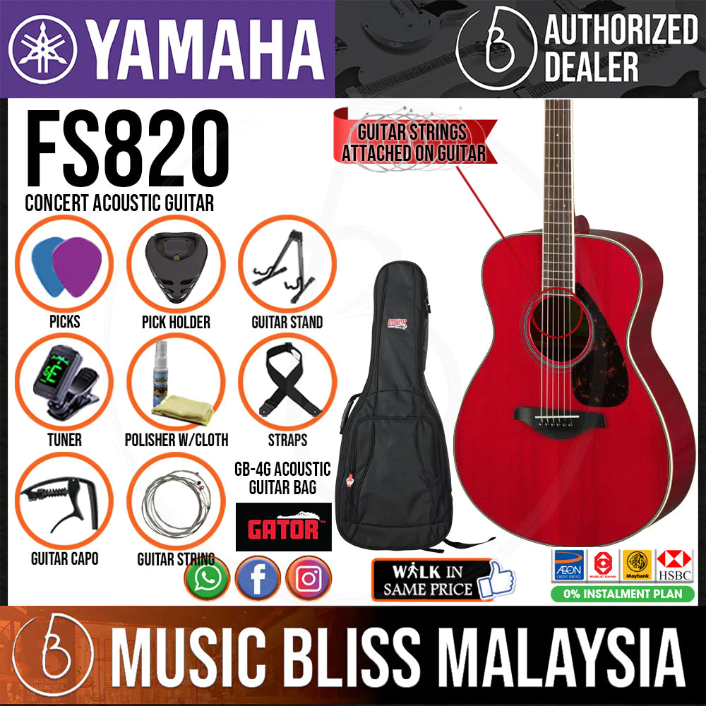 Yamaha FS820 Concert Acoustic Guitar w/FREE Gator GB-4G Acoustic