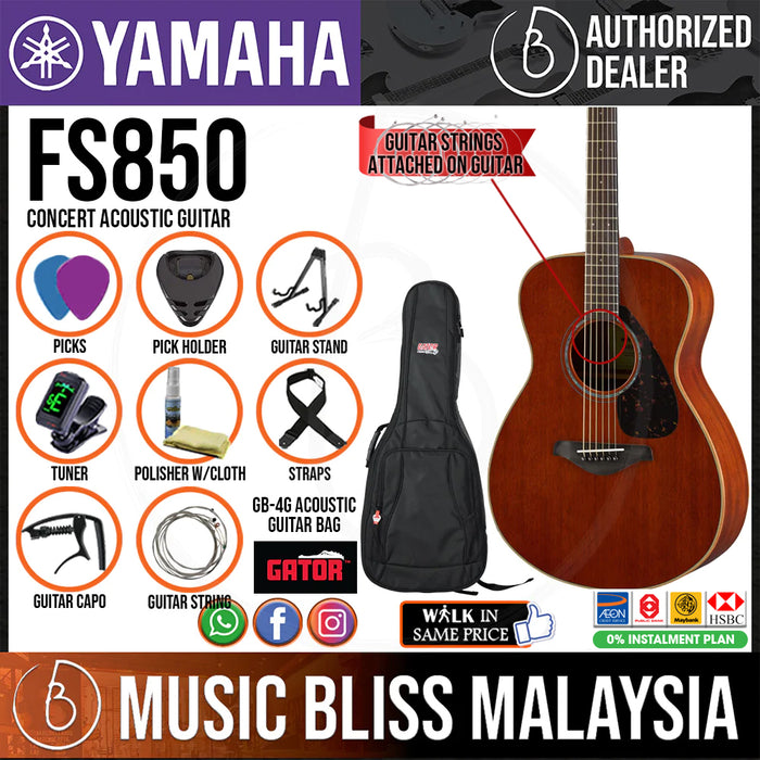 Yamaha FS850 Concert Acoustic Guitar w/FREE Gator GB-4G Acoustic Guitar Bag - Natural - Music Bliss Malaysia