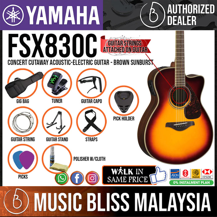 Yamaha FSX830C Concert Cutaway Acoustic-Electric Guitar - Brown Sunburst - Music Bliss Malaysia