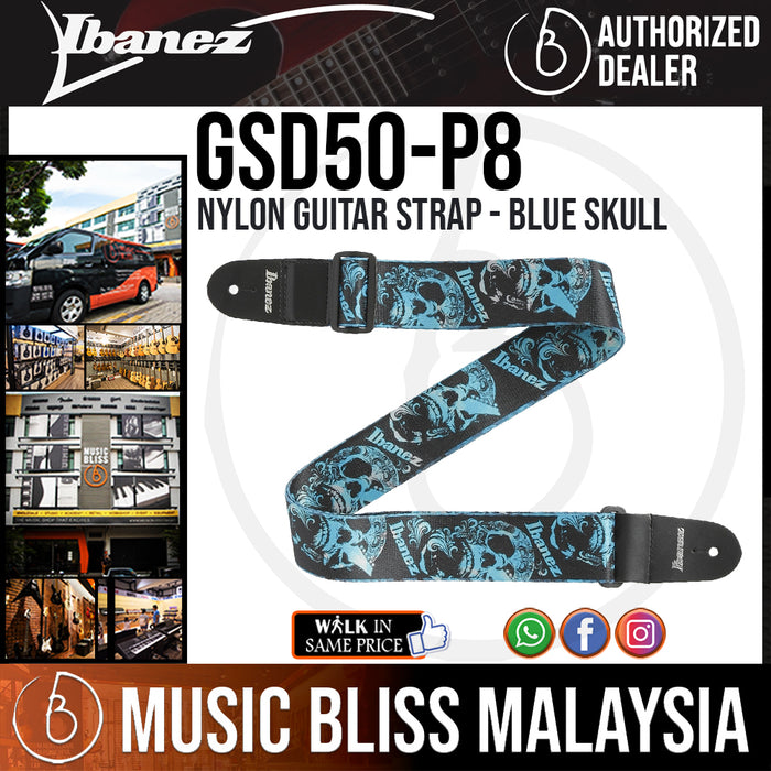 Ibanez GSD50 P8 Nylon Guitar Strap, Blue Skull (GSD50-P8) - Music Bliss Malaysia