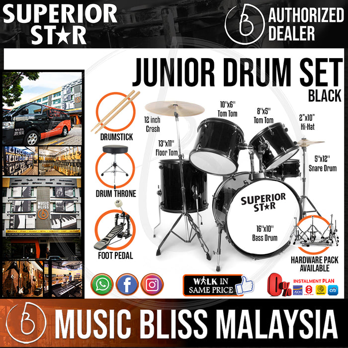 Superiorstar 5-piece Junior Drum Set with 16'' Bass Drum - Black *Include 3-pcs Cymbal Set , Drumsticks and Throne* [RMCO Promotion] - Music Bliss Malaysia