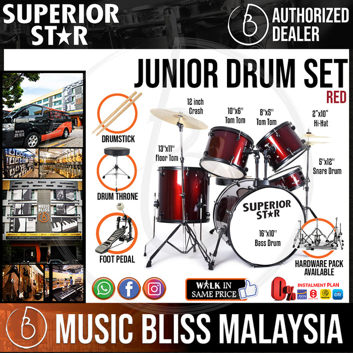 Superiorstar 5-piece Junior Drum Set with 16'' Bass Drum - Red *Include 3-pcs Cymbal Set , Drumsticks and Throne* - Music Bliss Malaysia
