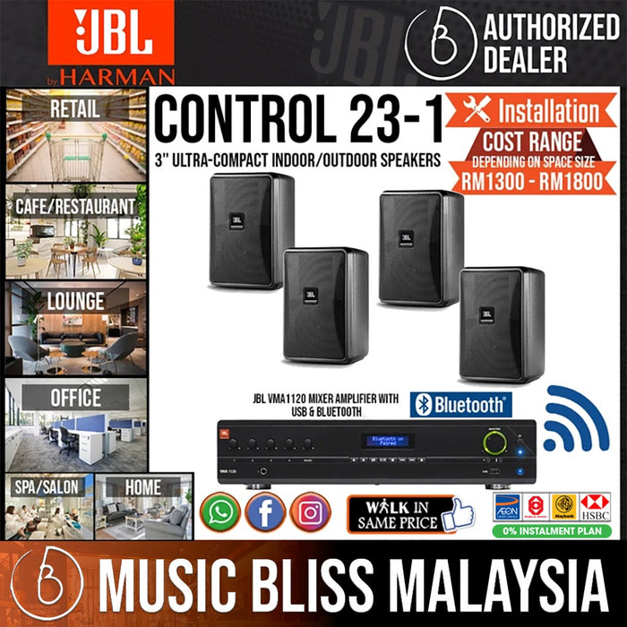 Sound System for Retail, Cafe/Restaurant, Co-working Space & Office Room, Covers up to 800 Sqft with JBL Control 23-1 3 inch 2-Way Vented Speakers, VMA1120 Mixer/Amplifier with USB & Bluetooth - Music Bliss Malaysia