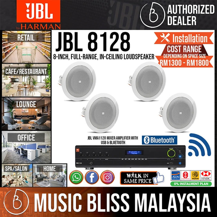 Sound System for Retail, Co-working Space, Lounge, Office and Government Buildings, Covers up to 600 Sqft with JBL 8128 8 inch Ceiling Loudspeaker, VMA1120 Mixer/Amplifier with USB & Bluetooth - Music Bliss Malaysia