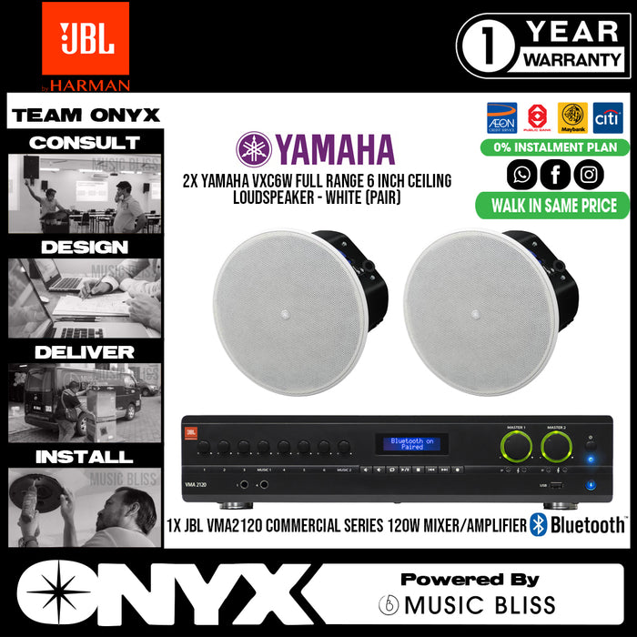 Background Music PA System JBL VMA2120 120W Bluetooth Mixer Amplifier with Yamaha VXC6W Full Range 6 Inch Ceiling Loudspeakers - Music Bliss Malaysia