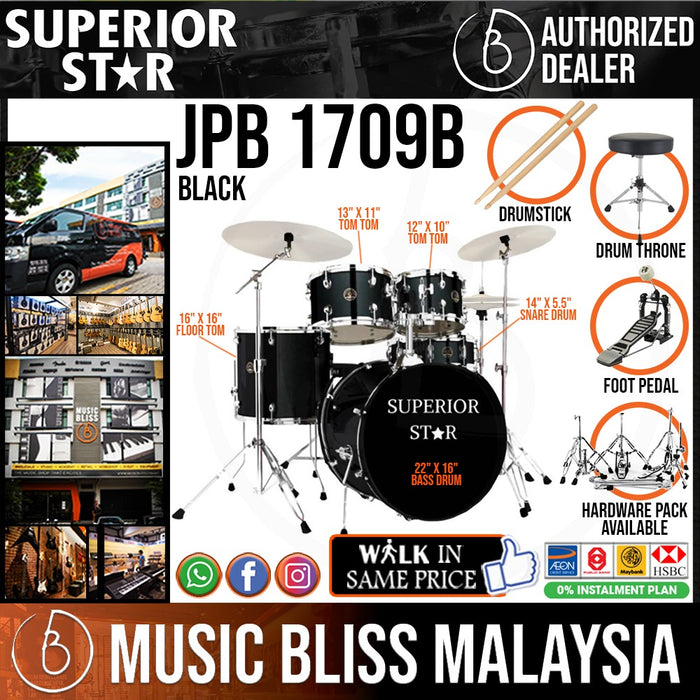 Superiorstar JBP1709B 5-Piece Drum Set with Cymbal Set (Black) - Music Bliss Malaysia