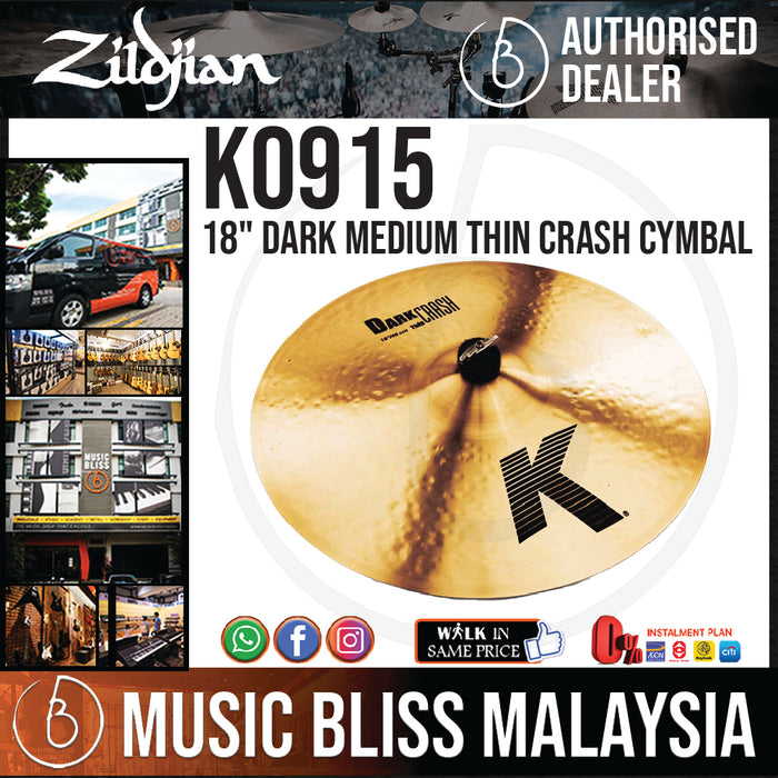 Zildjian 18" K Zildjian Dark Medium Thin Crash Cymbal (K0915) - Music Bliss Malaysia