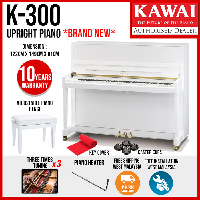 Kawai K-300 [Made in Indonesia] Professional Acoustic Upright Piano - White Polish - Music Bliss Malaysia