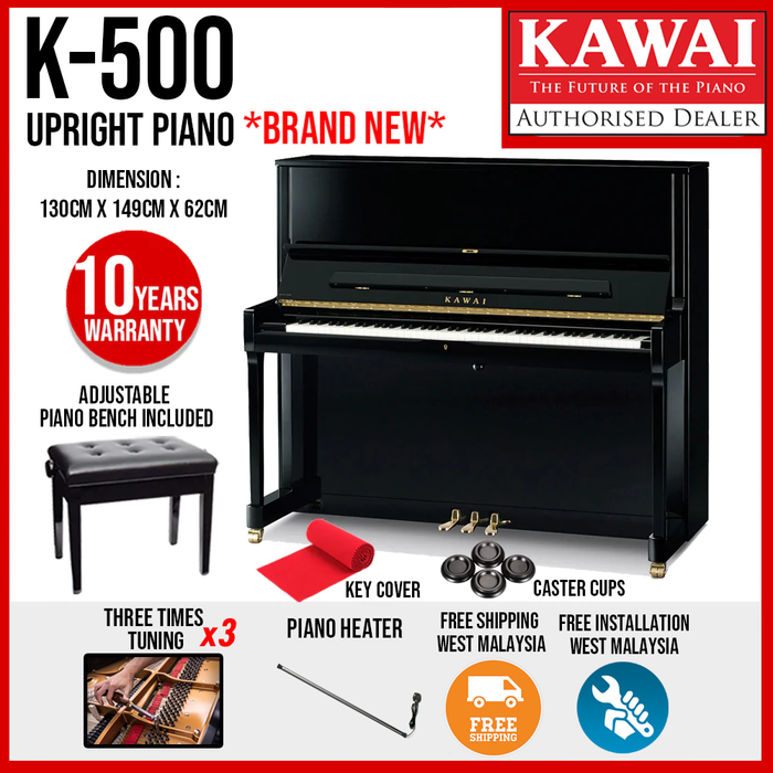 Kawai K-500 Professional Acoustic Upright Piano - Ebony Polish [Made In Japan] - Music Bliss Malaysia