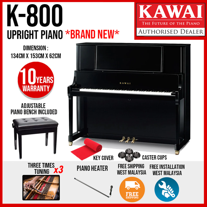 Kawai K-800 Professional Acoustic Upright Piano - Ebony Polish [Made In Japan] - Music Bliss Malaysia