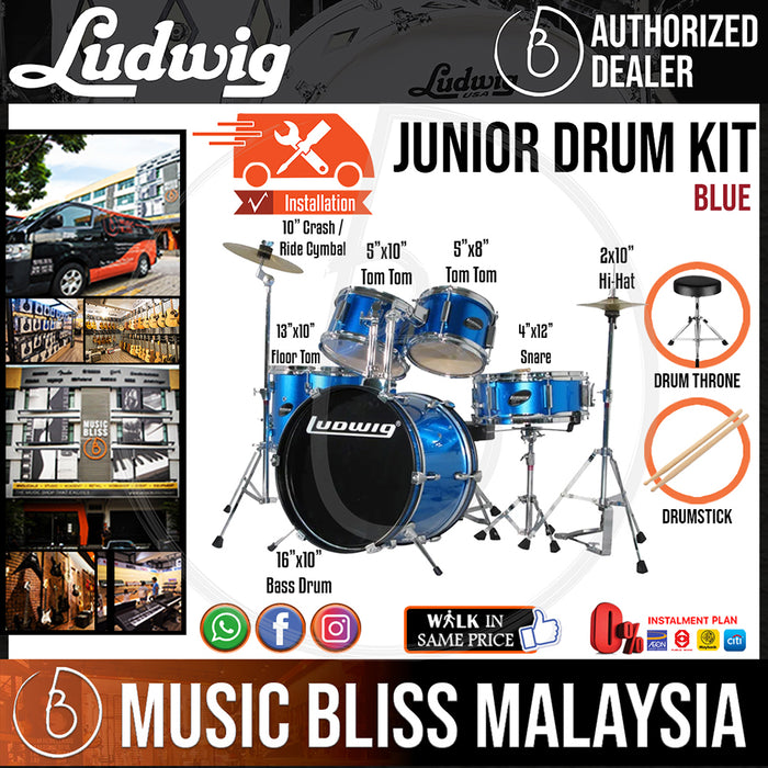 Ludwig LJR1062DIR 5-Piece Junior Drum Kit with 16" Bass Drum *Include 3-Pieces Cymbal Set (10"HH 10"CRASH/RIDE), Drumsticks and Throne* - Blue - Music Bliss Malaysia