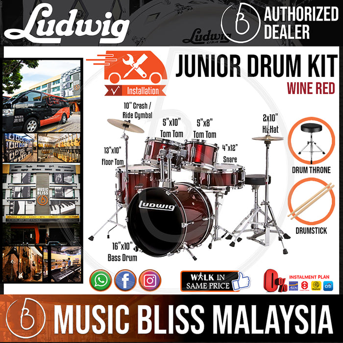 Ludwig LJR1064DIR 5-Piece Junior Drum Kit with 16" Bass Drum *Include 3-Pieces Cymbal Set (10"HH 10"CRASH/RIDE)Drumsticks and Throne* - Wine Red - Music Bliss Malaysia