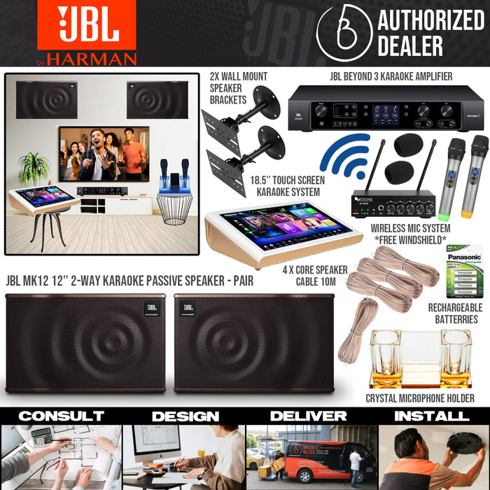 JBL Karaoke System Set Package for Home with MK12 12'' Passive Speaker, Beyond 3 Amplifier, Karaoke Machine and Wireless Handheld Microphone - Music Bliss Malaysia