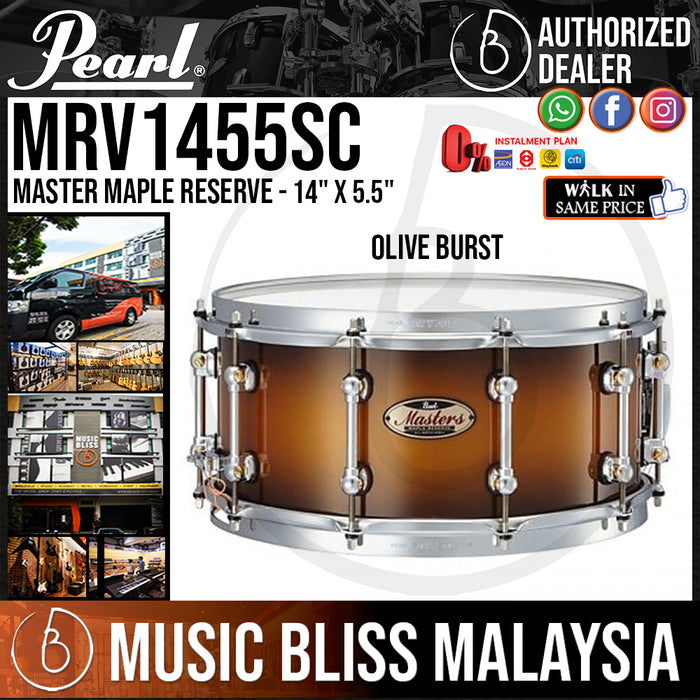 Pearl Master Maple Reserve Snare Drum - 14'' x 5.5'' - Olive Burst (MRV1455SC / MRV1455SC-343) - Music Bliss Malaysia