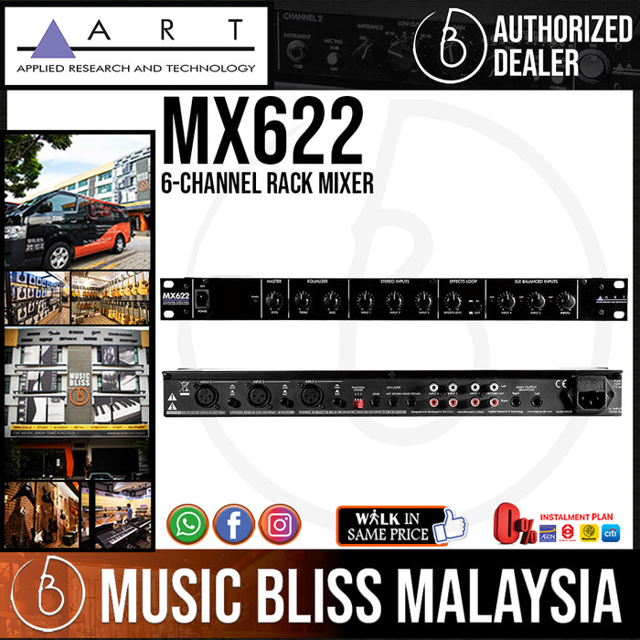 ART MX622 6-channel Rack Mixer with 3 Microphone Inputs, 3 Unbalanced Stereo Inputs, Balanced Outputs, and an FX Loop (MX-622) - Music Bliss Malaysia