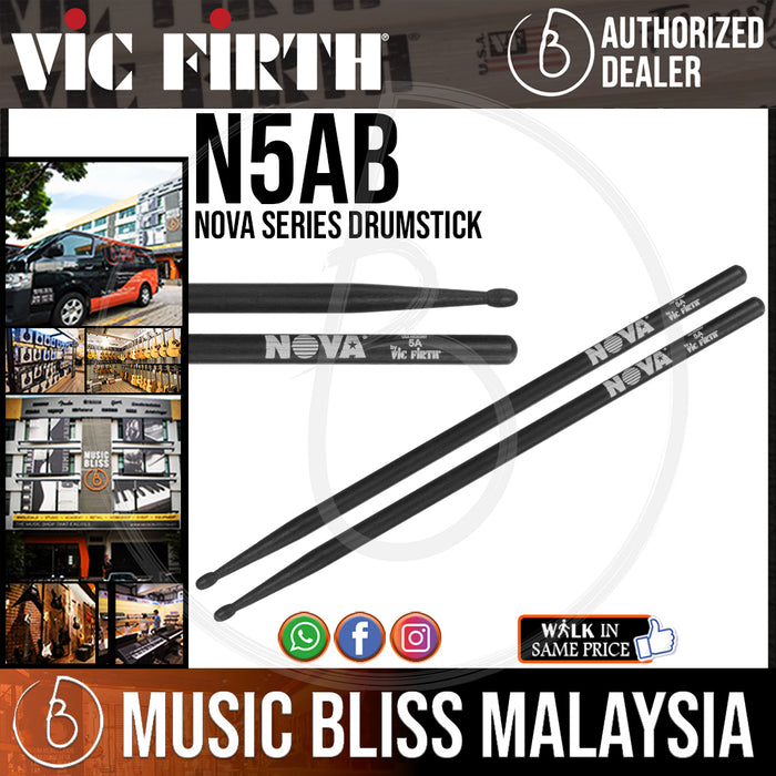 Vic Firth Nova Series USA Hickory Drumsticks - 5A - Wood Tip - Black (N5AB) - Music Bliss Malaysia